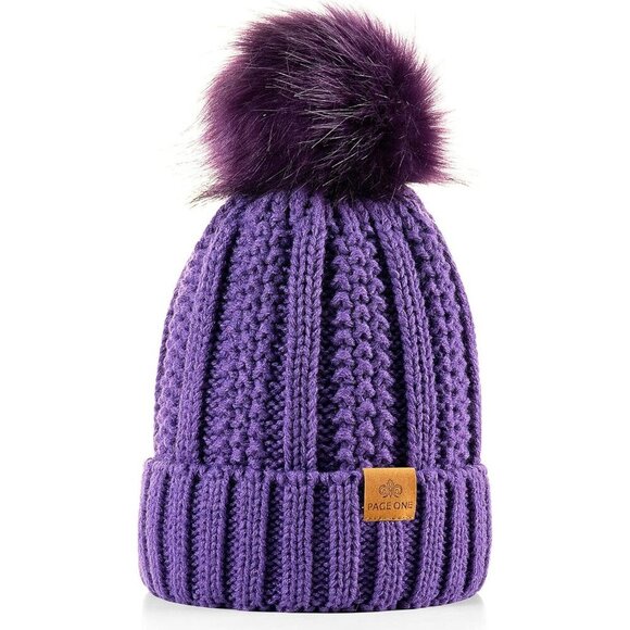 Women\'s Faux Fur Fleece Lined Purple Winter Thick Knit Pom Skull Beanie Hat Cap main image 2